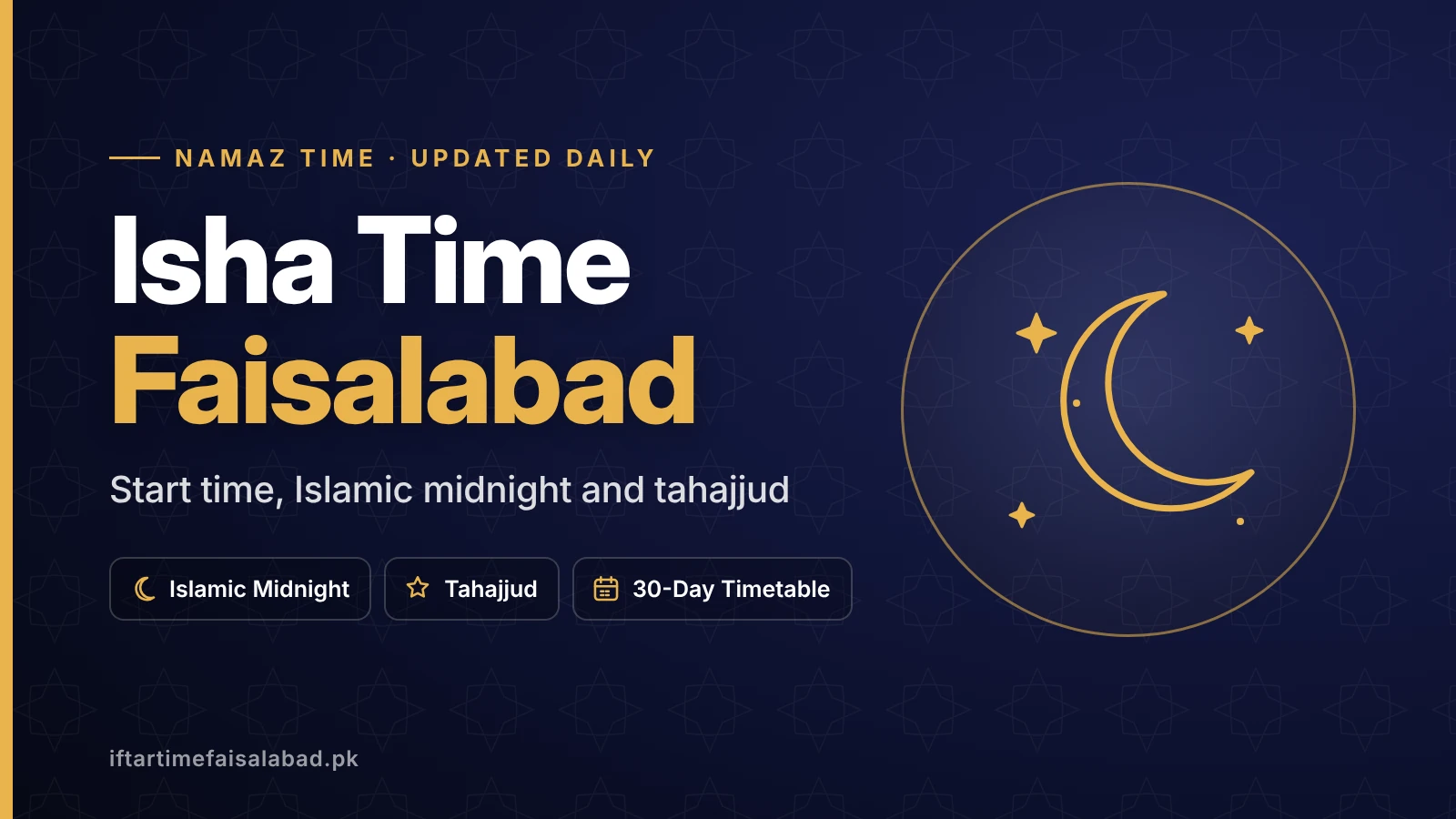 Isha time Faisalabad graphic with a crescent moon and stars at night, showing Isha start time, Islamic midnight and tahajjud time